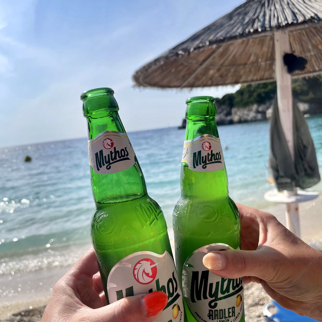 Mythos beer toast at the beach
