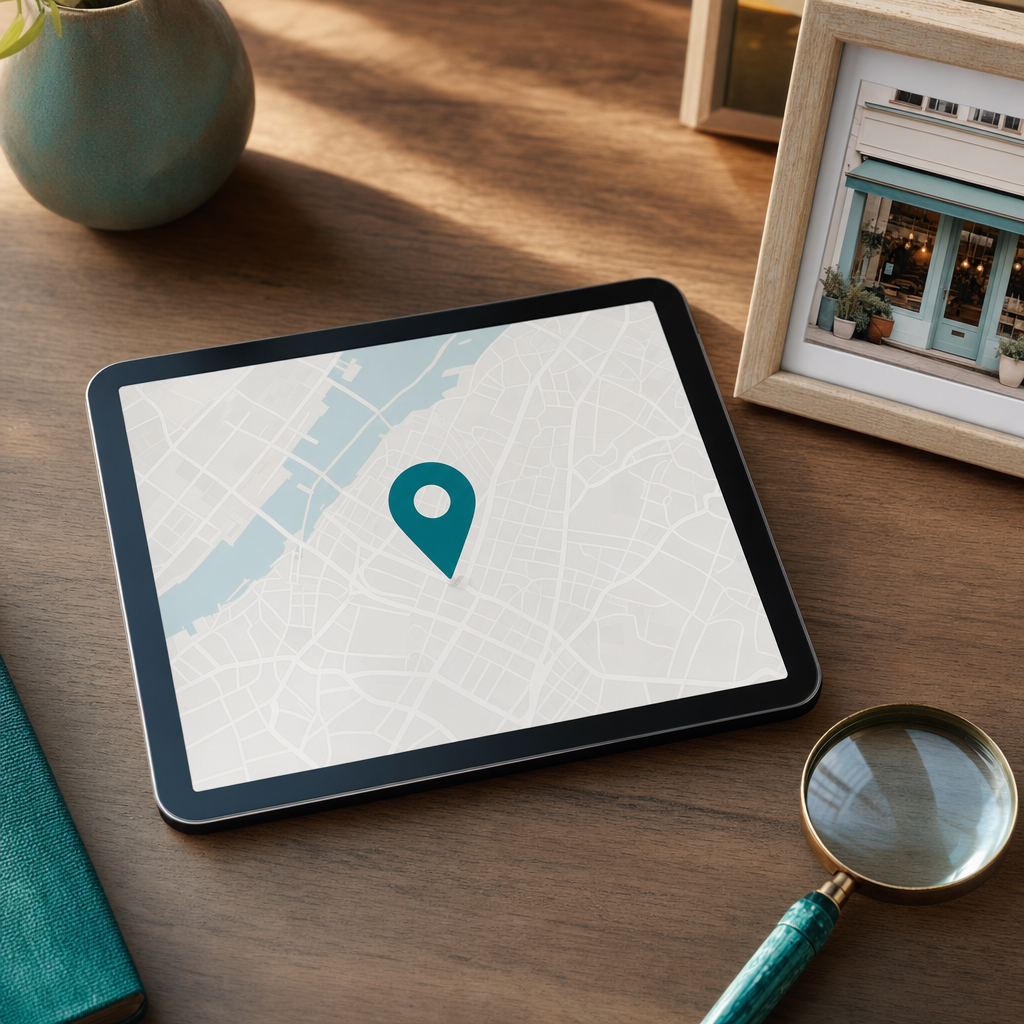 Tablet mit Kartenansicht und Standort-Pin neben einem Foto einer Ladenfront