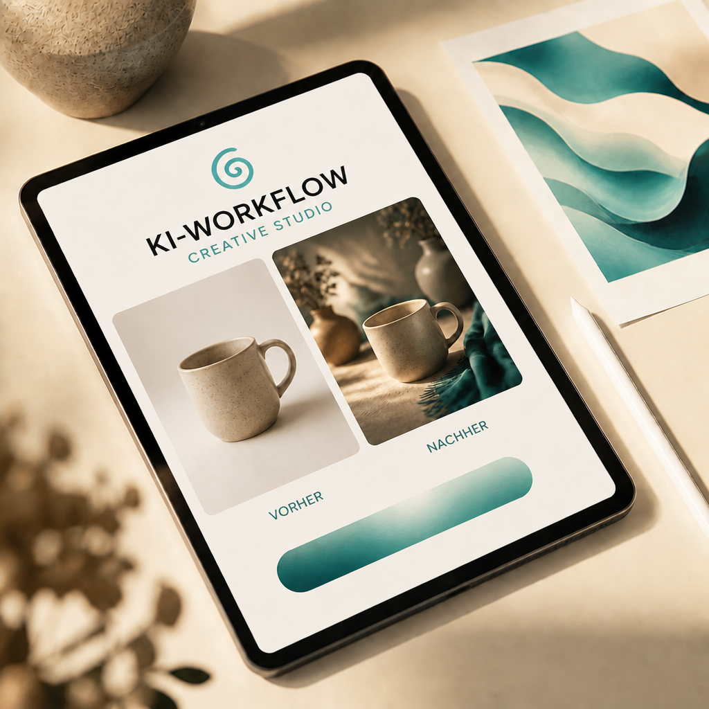 Tablet mit KI-Workflow-App und Vorher/Nachher-Vergleich eines Produktfotos