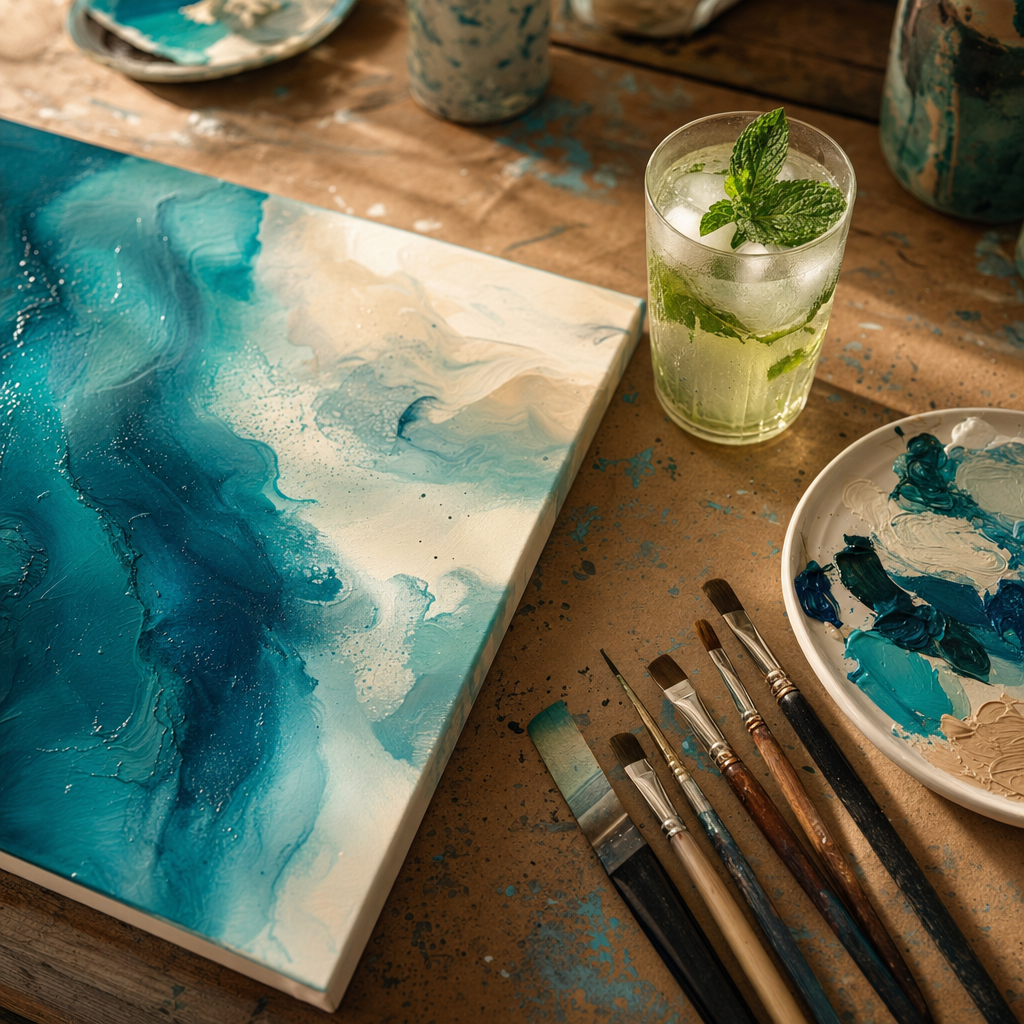 Abstrakte Acrylmalerei mit Pinseln und einem Glas Limonade auf einem Werktisch