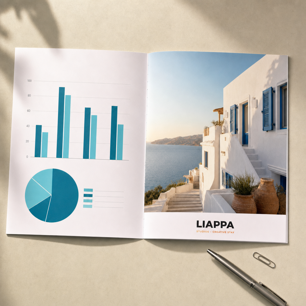 Aufgeschlagene Präsentationsmappe mit Diagrammen und einem Hotelfoto