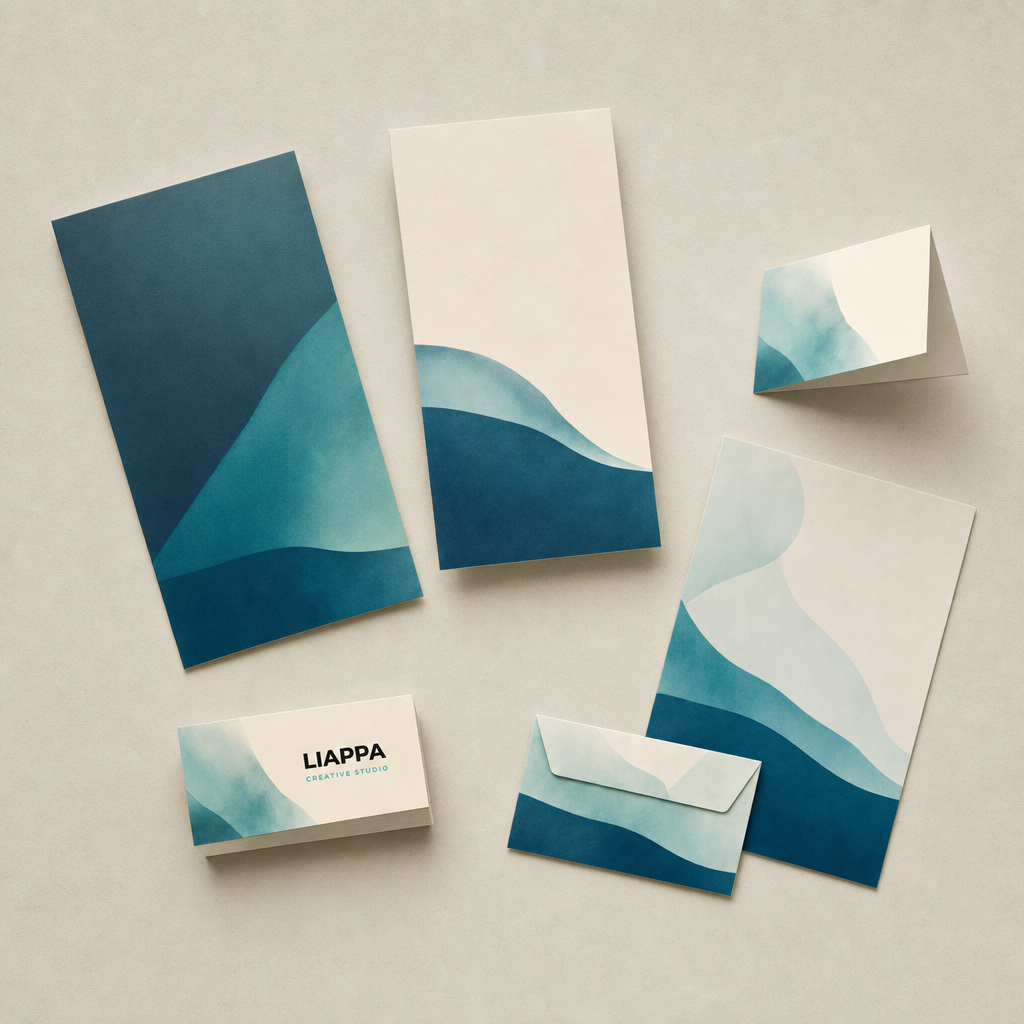 Gestapelte Print-Produkte mit LIAPPA-Logo auf einer Visitenkarte