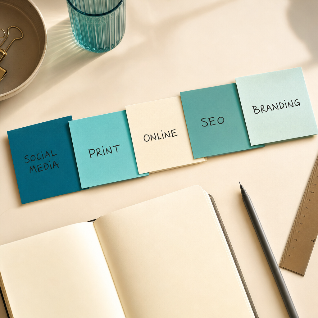 Haftnotizen mit den Begriffen Social Media, Print, Online, SEO und Branding